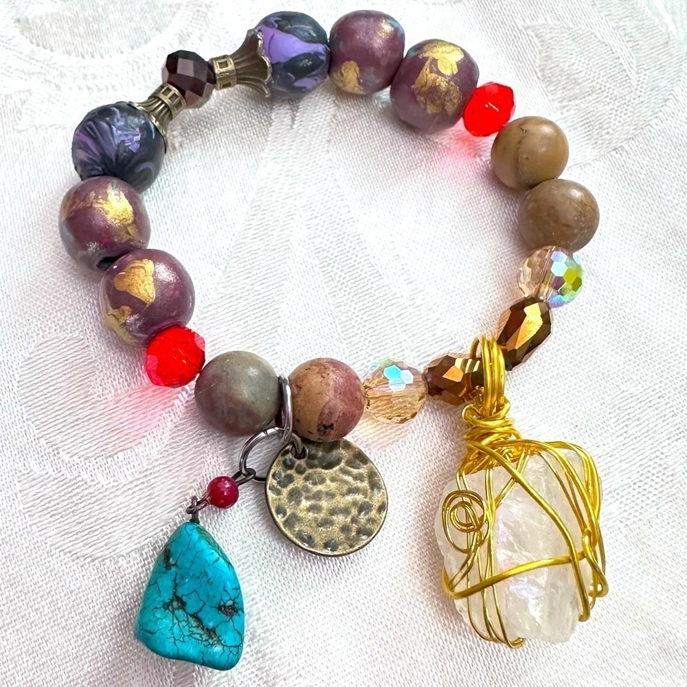 Bracelet Hand crafted Collage Wire Wrapped Charm Hand Painted Beads OOAK 4350 P